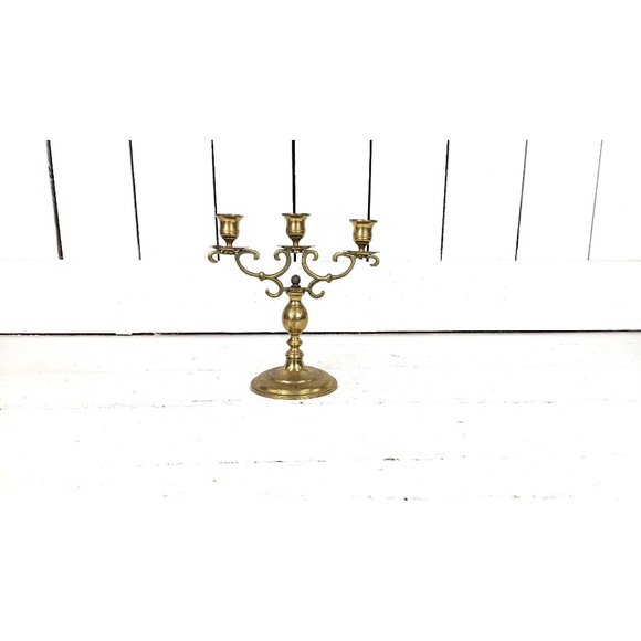 Vintage distressed brass 3 taper candle candelabra